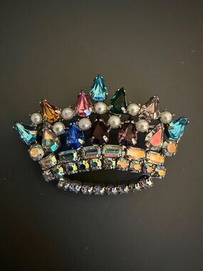 Vintage B David Family Crown BROOCH Pin Multicolor Rhinestone Faux Pearl